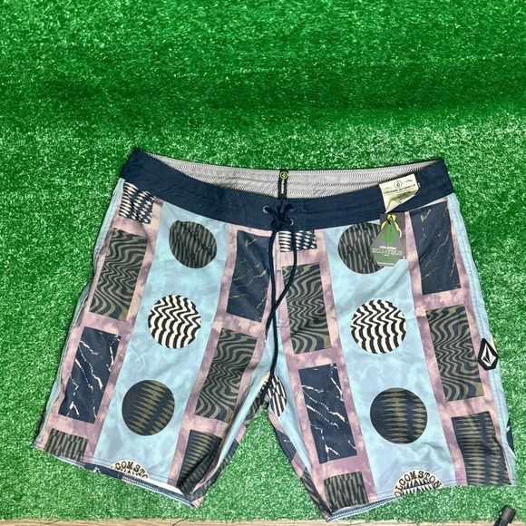 Volcom Blue and Pink Board Shorts with Geometric Design - Picture 1 of 5